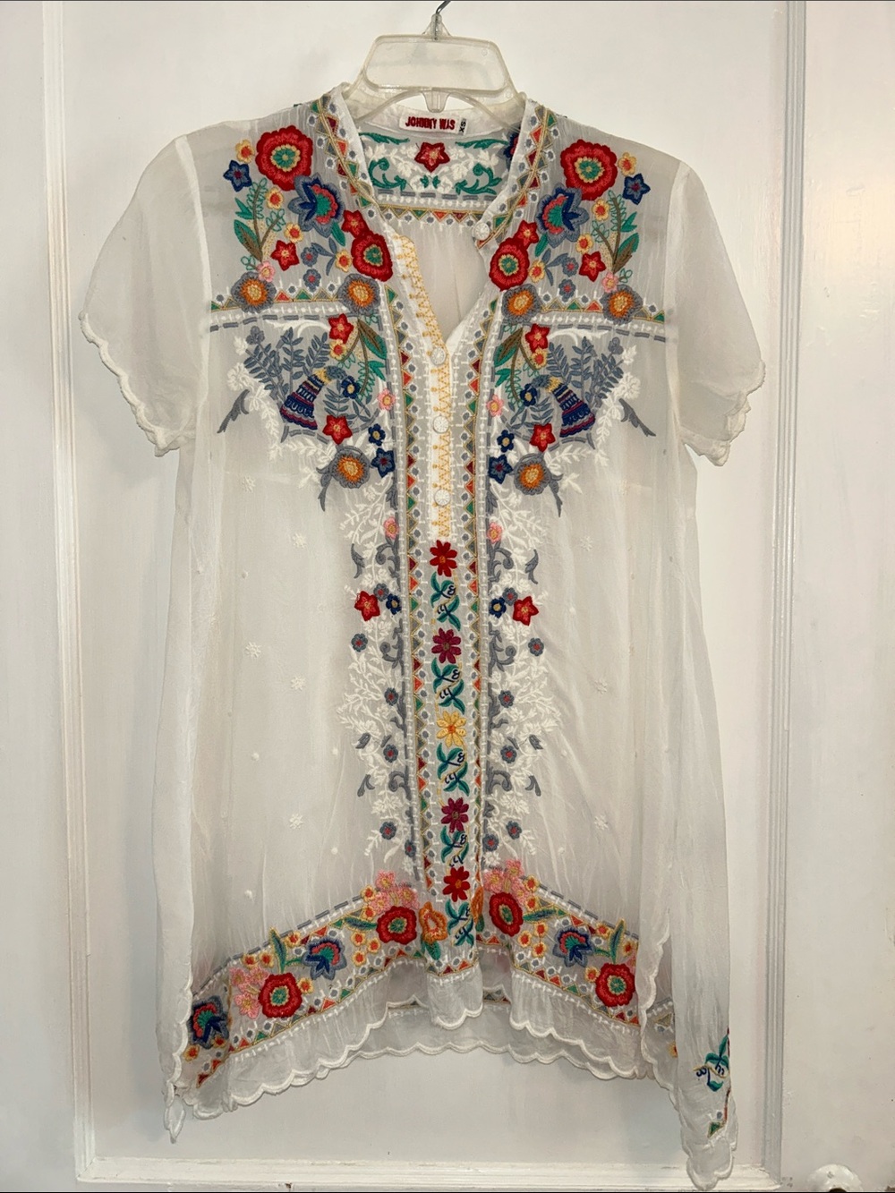 Johnny Was White Sheer Embroidered Floral Tunic Top with Multicolor Detailing